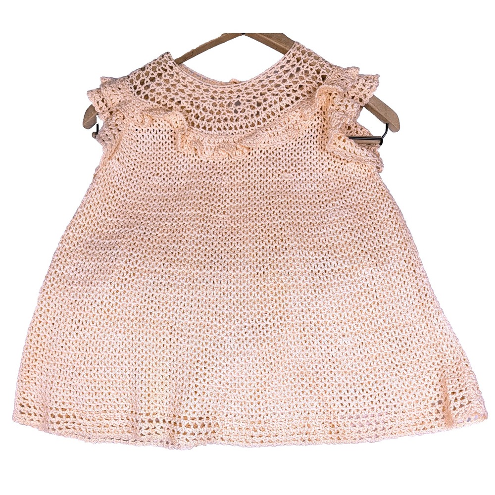 Vintage Handmade Scalloped Ruffle Peach Apricot Crochet Baby Girl Dress ~10Yrs